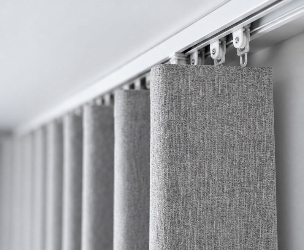 Detalle de cortina Onda Moderna gris en riel Safra
