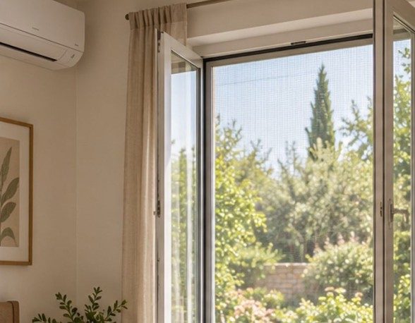 Ventana con mosquitero que favorece la ventilación natural y el ahorro energético