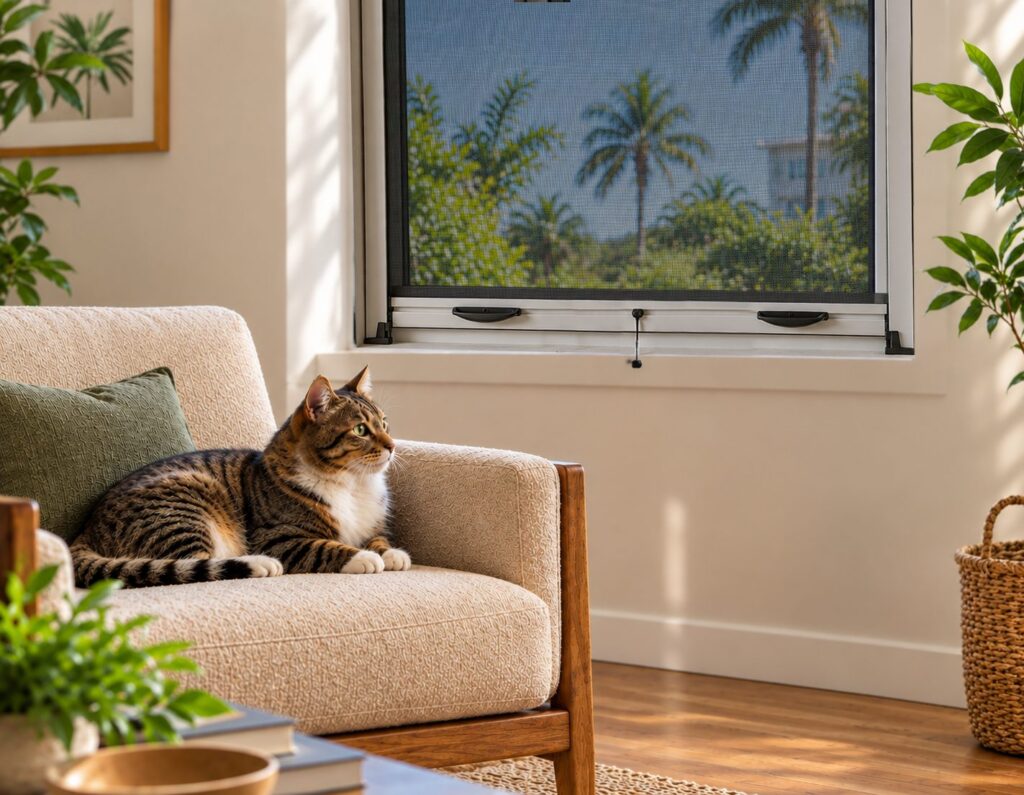 Gato en un sofá junto a una ventana con mosquitero