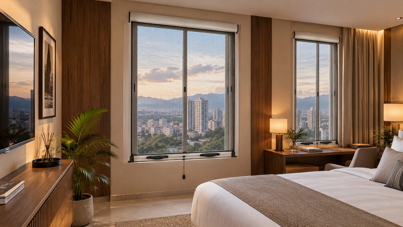 Habitación con mosquiteros verticales en las ventanas