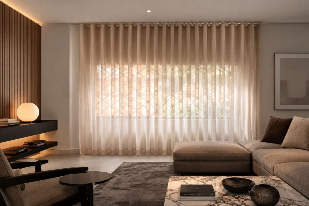Sala con cortinas Onda Moderna en velo